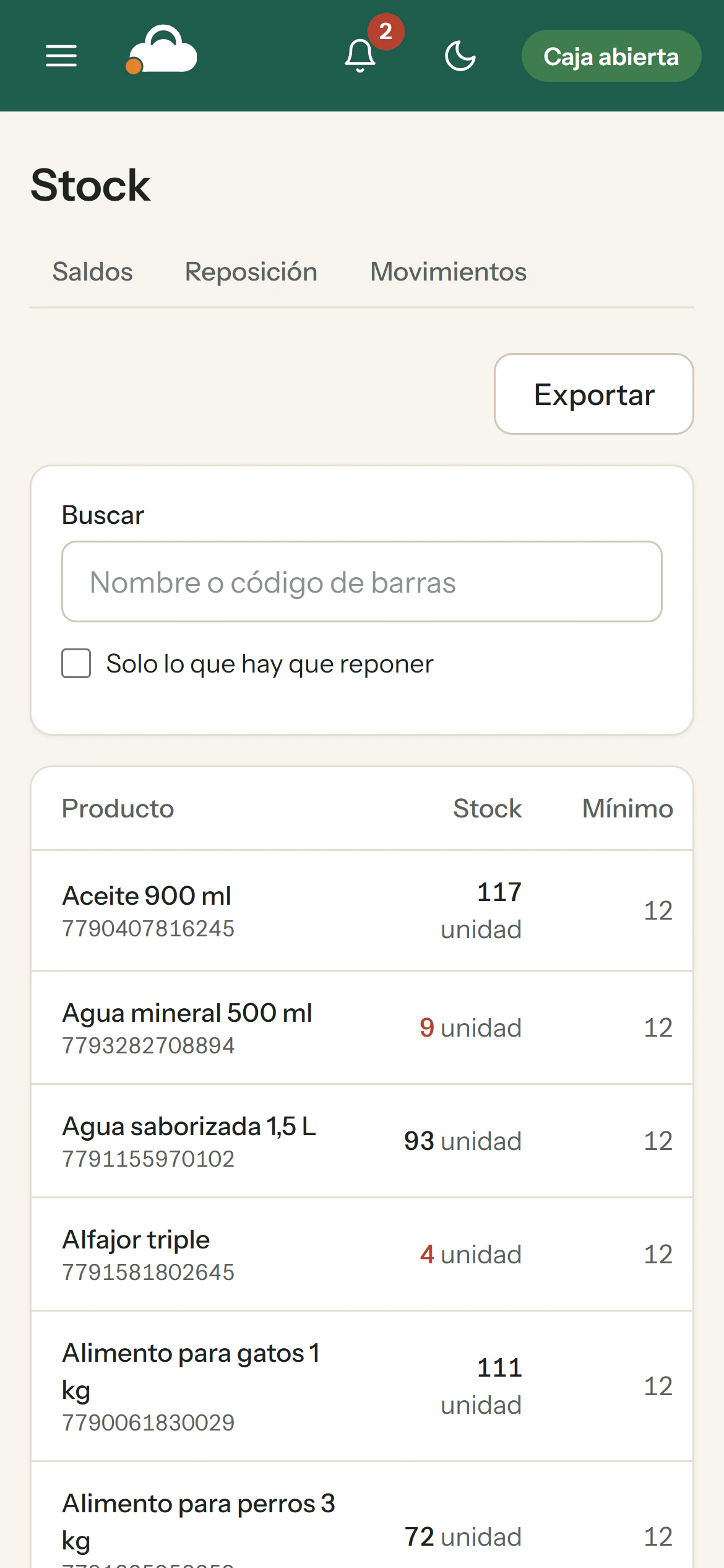 Lista de stock de Nubelo en el celular, con el stock de cada producto