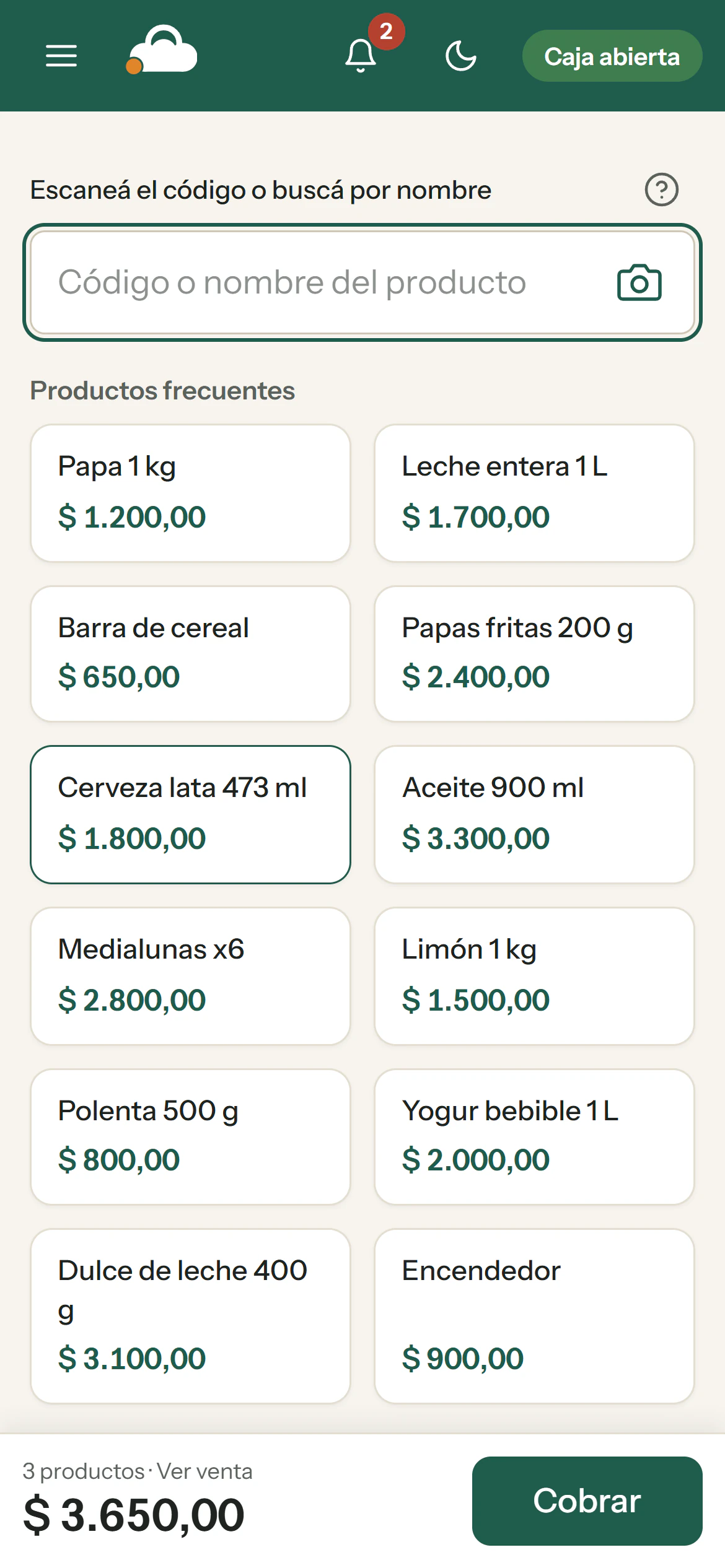 Pantalla de venta de Nubelo en el celular, con los productos frecuentes y el total para cobrar